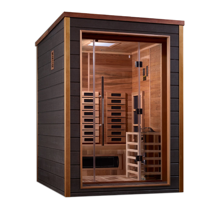 Golden Designs "2-Person Hybrid Outdoor Sauna - Nora: PureTech™ Infrared or Traditional Stove with Canadian Red Cedar Interior"