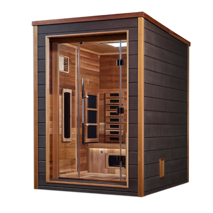 Golden Designs "2-Person Hybrid Outdoor Sauna - Nora: PureTech™ Infrared or Traditional Stove with Canadian Red Cedar Interior"