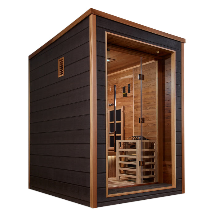 Golden Designs "2-Person Hybrid Outdoor Sauna - Nora: PureTech™ Infrared or Traditional Stove with Canadian Red Cedar Interior"