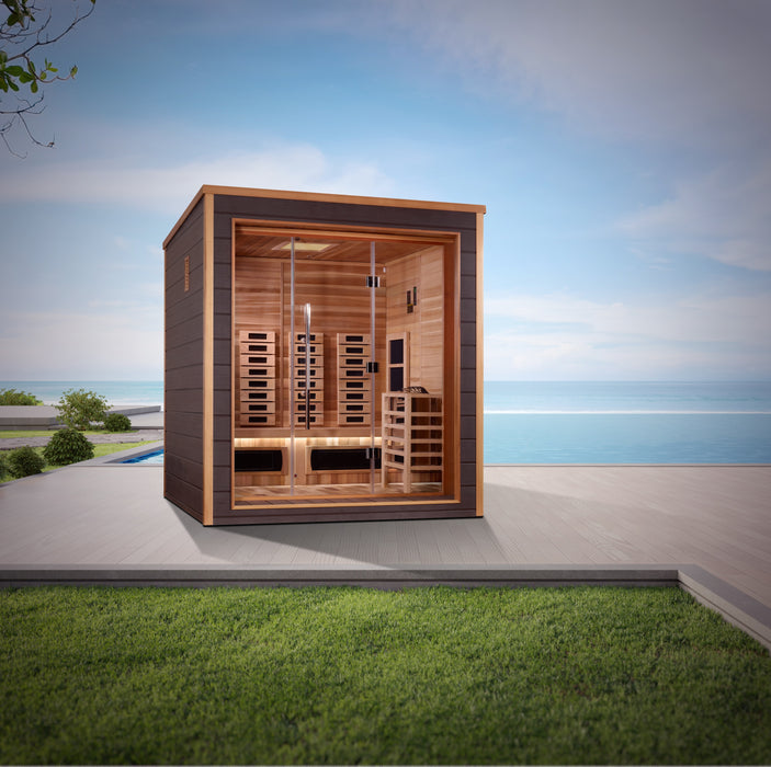 Golden Designs "3-Person Hybrid Outdoor Sauna -Visby: PureTech™ Infrared or Traditional Stove with Canadian Red Cedar Interior"