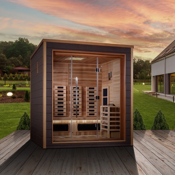 Golden Designs "3-Person Hybrid Outdoor Sauna -Visby: PureTech™ Infrared or Traditional Stove with Canadian Red Cedar Interior"