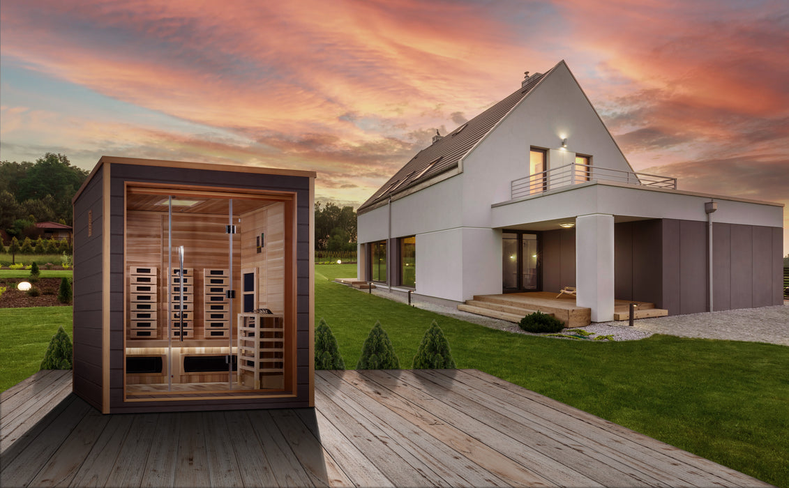 Golden Designs "3-Person Hybrid Outdoor Sauna -Visby: PureTech™ Infrared or Traditional Stove with Canadian Red Cedar Interior"