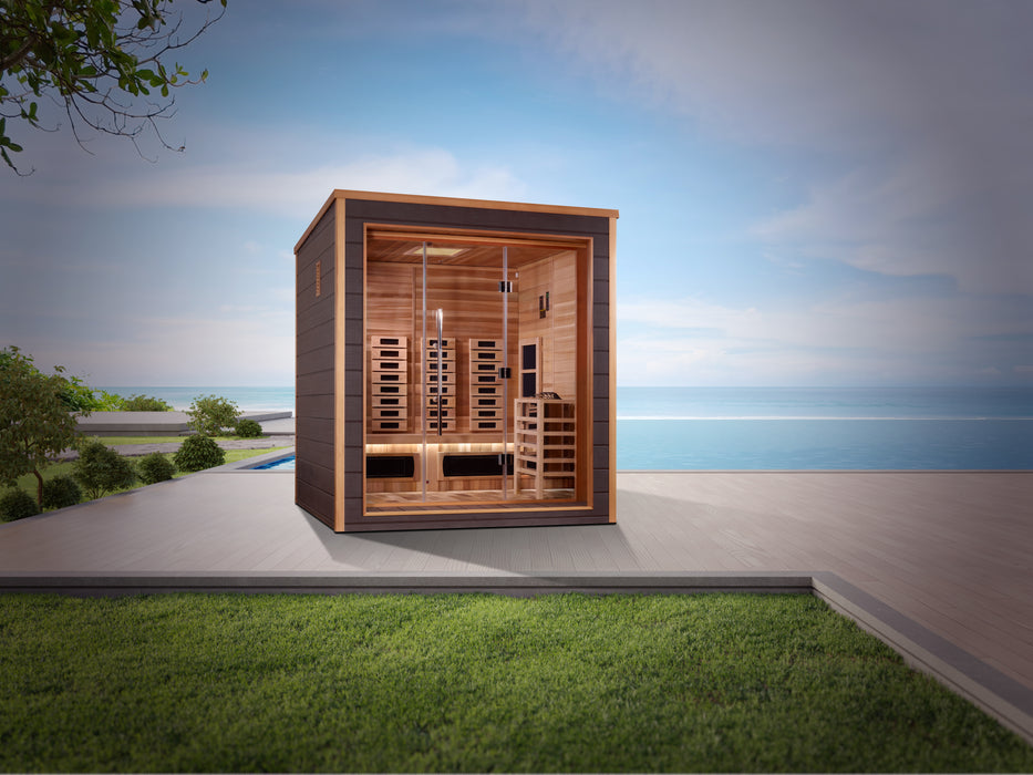 Golden Designs "3-Person Hybrid Outdoor Sauna -Visby: PureTech™ Infrared or Traditional Stove with Canadian Red Cedar Interior"