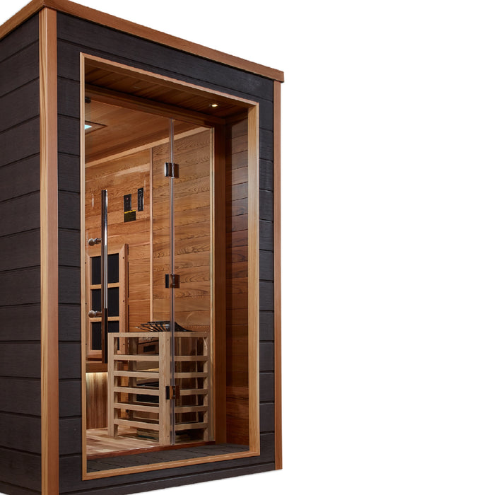 Golden Designs"6-Person Hybrid Outdoor Sauna - Karlstad: PureTech™ Infrared or Traditional Stove with Canadian Red Cedar Interior"