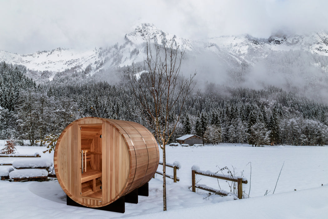 Golden Designs"4-Person Barrel Traditional Sauna - Arosa with Pacific Cedar"