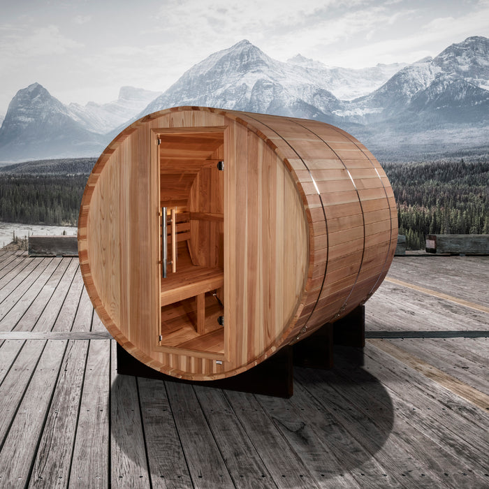 Golden Designs"4-Person Barrel Traditional Sauna - Arosa with Pacific Cedar"