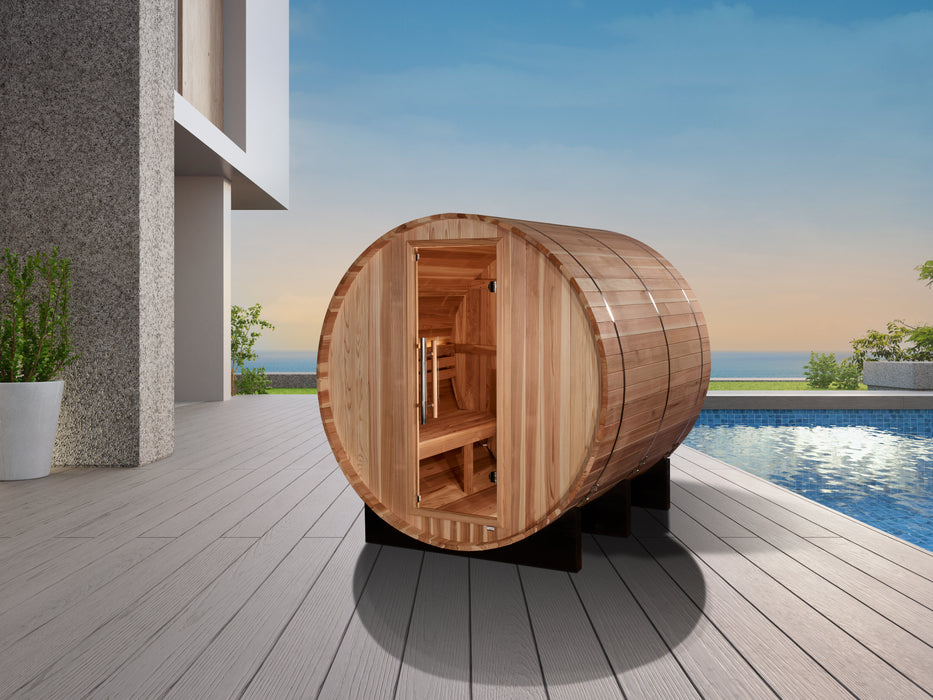 Golden Designs"4-Person Barrel Traditional Sauna - Arosa with Pacific Cedar"