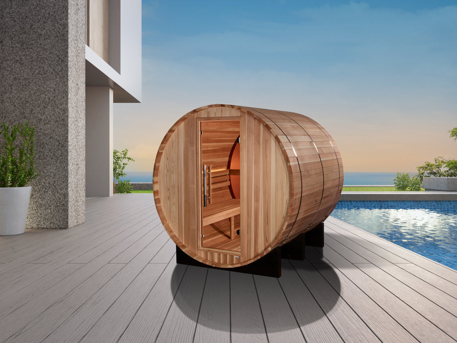 Golden Designs "4-Person Barrel Traditional Sauna with Bronze Privacy View - Zurich, Pacific Cedar"