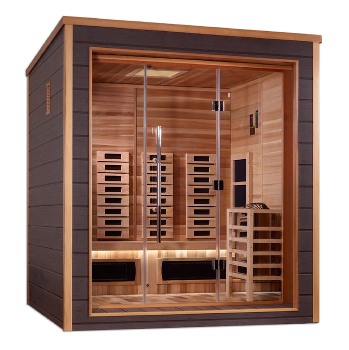 Golden Designs "3-Person Hybrid Outdoor Sauna -Visby: PureTech™ Infrared or Traditional Stove with Canadian Red Cedar Interior"