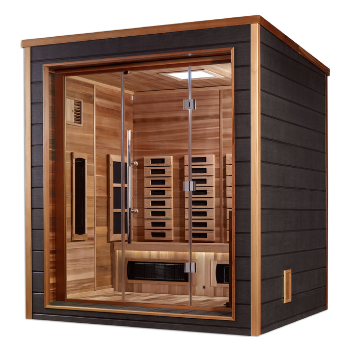 Golden Designs "3-Person Hybrid Outdoor Sauna -Visby: PureTech™ Infrared or Traditional Stove with Canadian Red Cedar Interior"