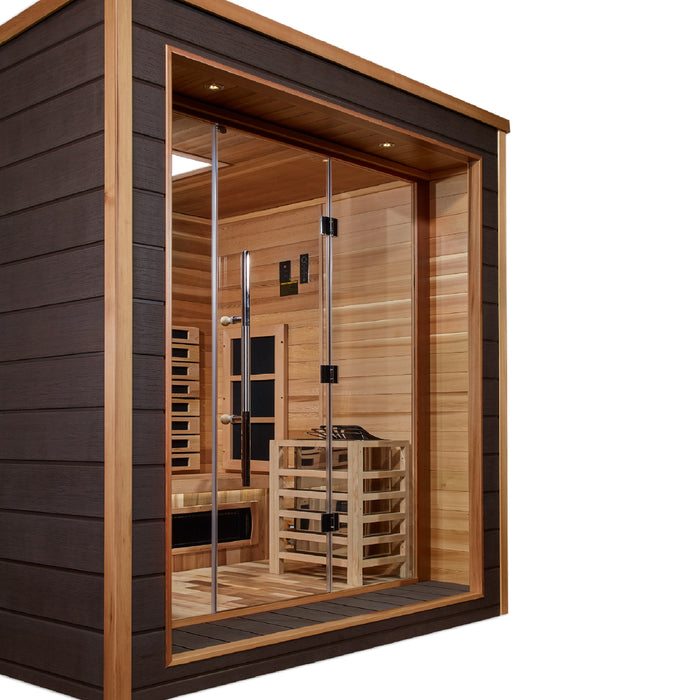 Golden Designs "3-Person Hybrid Outdoor Sauna -Visby: PureTech™ Infrared or Traditional Stove with Canadian Red Cedar Interior"