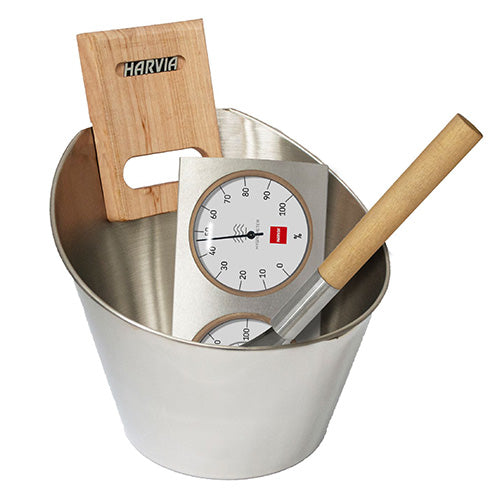 Harvia Steel Bucket and Ladle Set with Thermometer and Hygrometer