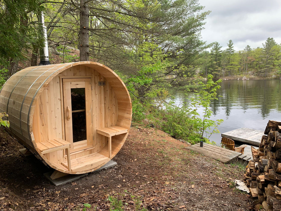 CT Serenity Barrel Sauna: Canadian Timber Collection, Handcrafted Eastern White Cedar, 5mm Bronze Tempered Glass Door with Wooden Frame, Easy Installation.