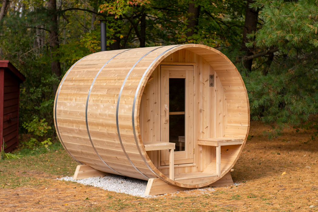 CT Serenity Barrel Sauna: Canadian Timber Collection, Handcrafted Eastern White Cedar, 5mm Bronze Tempered Glass Door with Wooden Frame, Easy Installation.