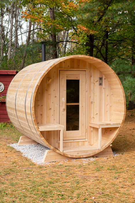 CT Serenity Barrel Sauna: Canadian Timber Collection, Handcrafted Eastern White Cedar, 5mm Bronze Tempered Glass Door with Wooden Frame, Easy Installation.