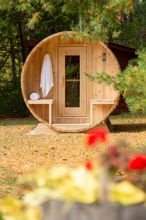 CT Serenity Barrel Sauna: Canadian Timber Collection, Handcrafted Eastern White Cedar, 5mm Bronze Tempered Glass Door with Wooden Frame, Easy Installation.