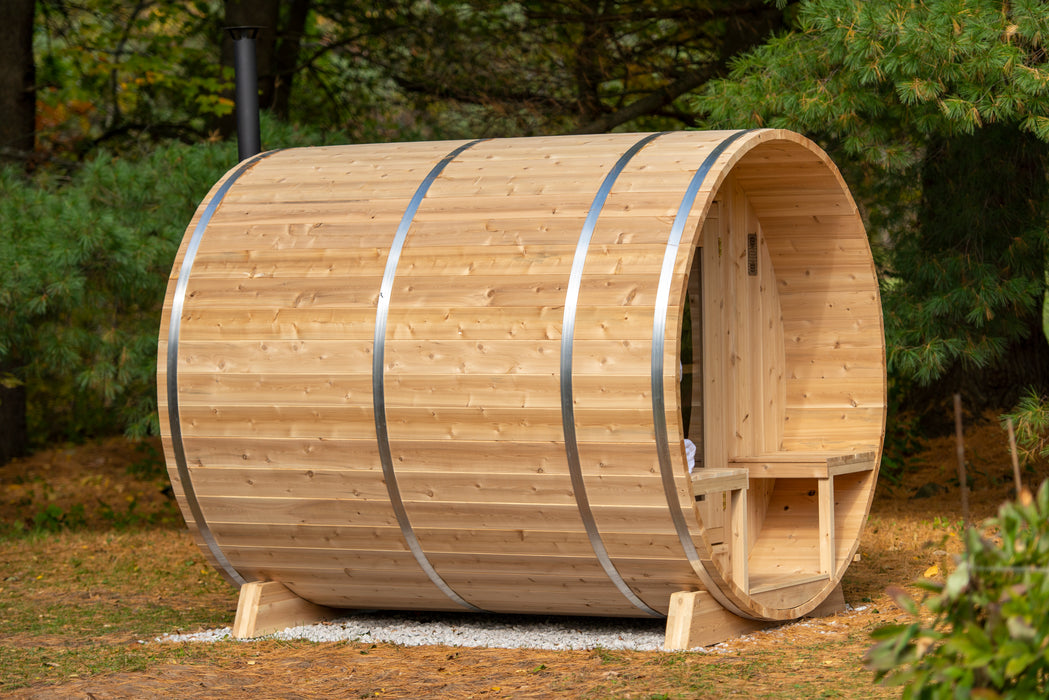 CT Serenity Barrel Sauna: Canadian Timber Collection, Handcrafted Eastern White Cedar, 5mm Bronze Tempered Glass Door with Wooden Frame, Easy Installation.