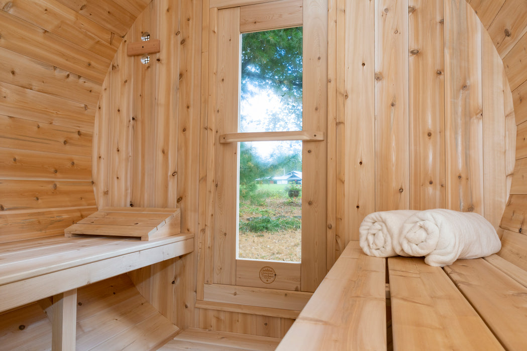 CT Serenity Barrel Sauna: Canadian Timber Collection, Handcrafted Eastern White Cedar, 5mm Bronze Tempered Glass Door with Wooden Frame, Easy Installation.