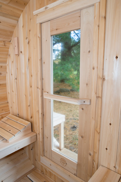 CT Serenity Barrel Sauna: Canadian Timber Collection, Handcrafted Eastern White Cedar, 5mm Bronze Tempered Glass Door with Wooden Frame, Easy Installation.