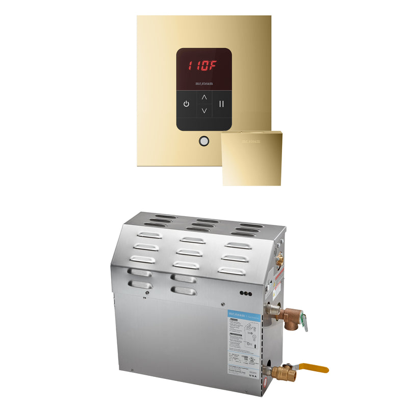 MS 5 kW (5000 W) Steam Shower Generator Package with square iTempo Control in Polished Brass — Polished Brass
