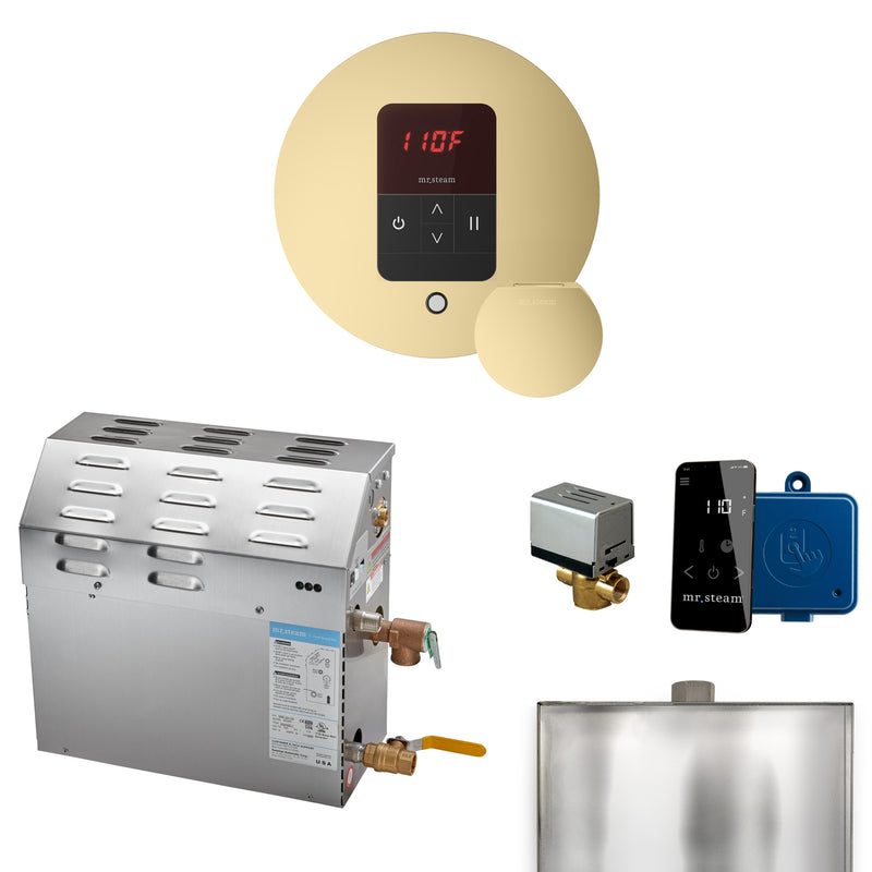 MS 6 kW (6000 W) Steam Shower Generator Package with round iTempo Control in Satin Brass and Accessories — Satin Brass