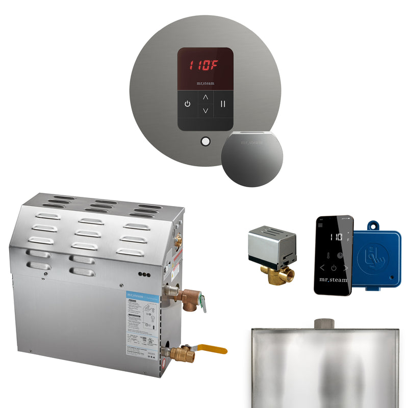MS 15 kW (15000 W) Steam Shower Generator Package with round iTempo Control in Satin Steel and Accessories — Satin Steel
