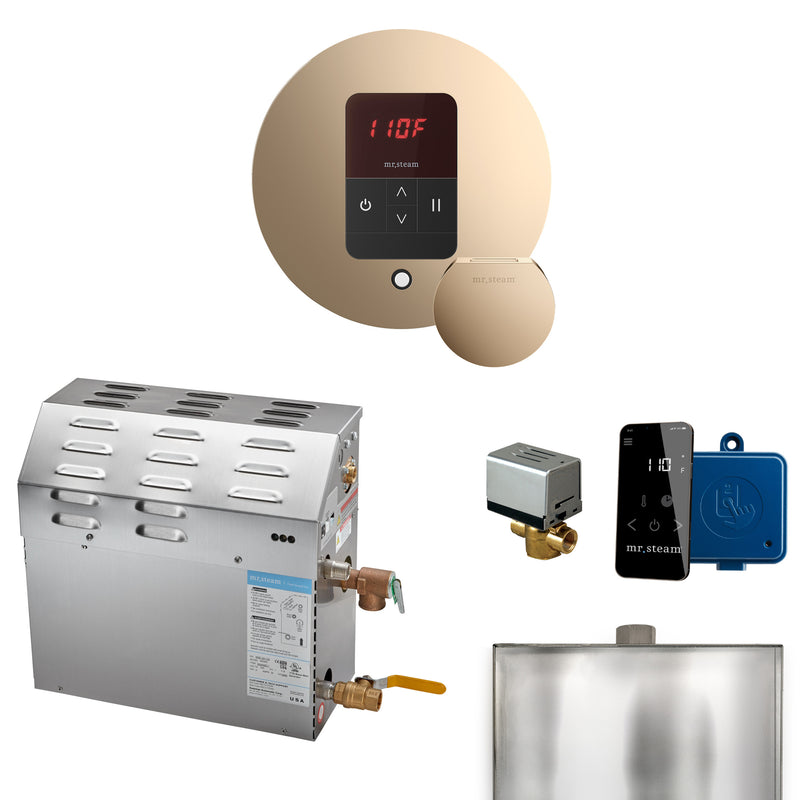 MS 15 kW (15000 W) Steam Shower Generator Package with round iTempo Control in Polished Gold and Accessories — Polished Gold