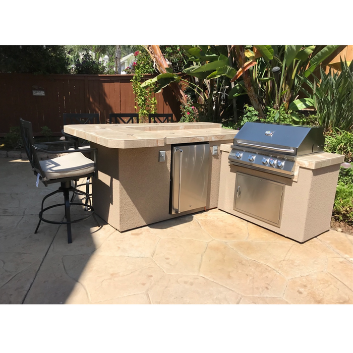 L-Shape BBQ Island With Bar Seating and 4 Burner Built-in BBQ Grill