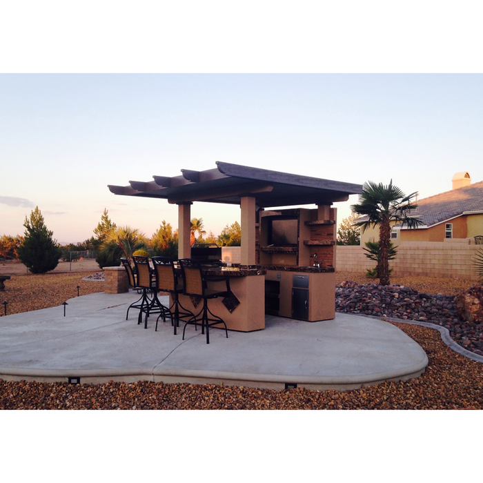 Outdoor Kitchen T.V. Media Wall with Pergola and Outdoor Bar Seating BBQ Island