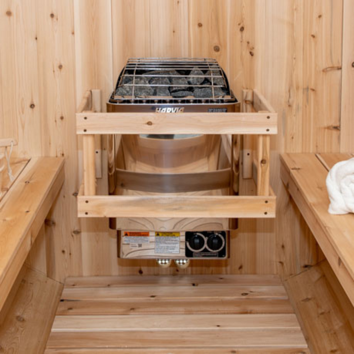 Granby Cabin Sauna: Canadian Timber Collection, 6'x6', Eastern White Cedar, Efficient Heating, 2-3 Person Seating, Exclusive Electric Heater Options.