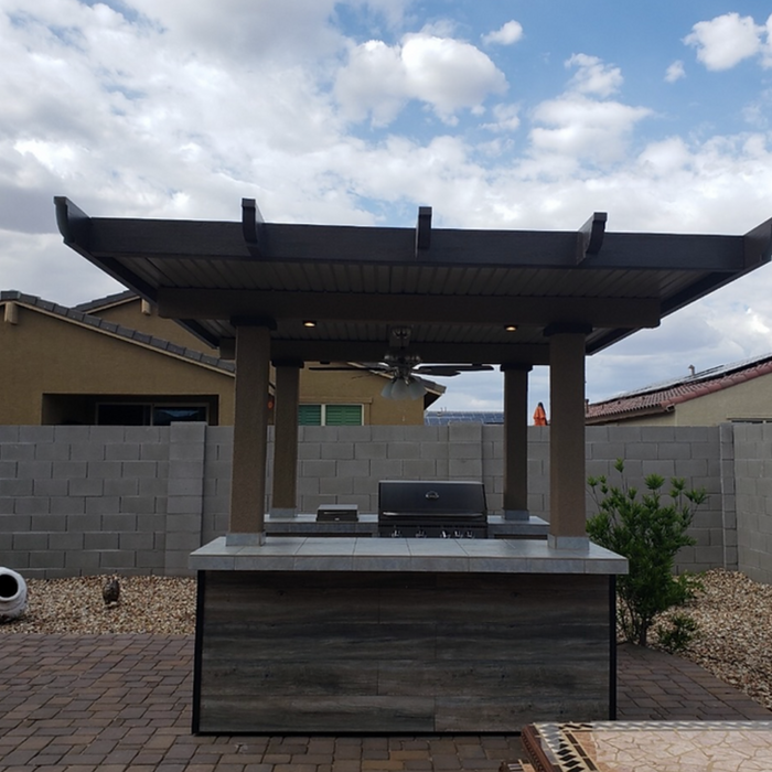 BBQ Island with Pergola 4 Burner BBQ Grill Wood Siding and Fan