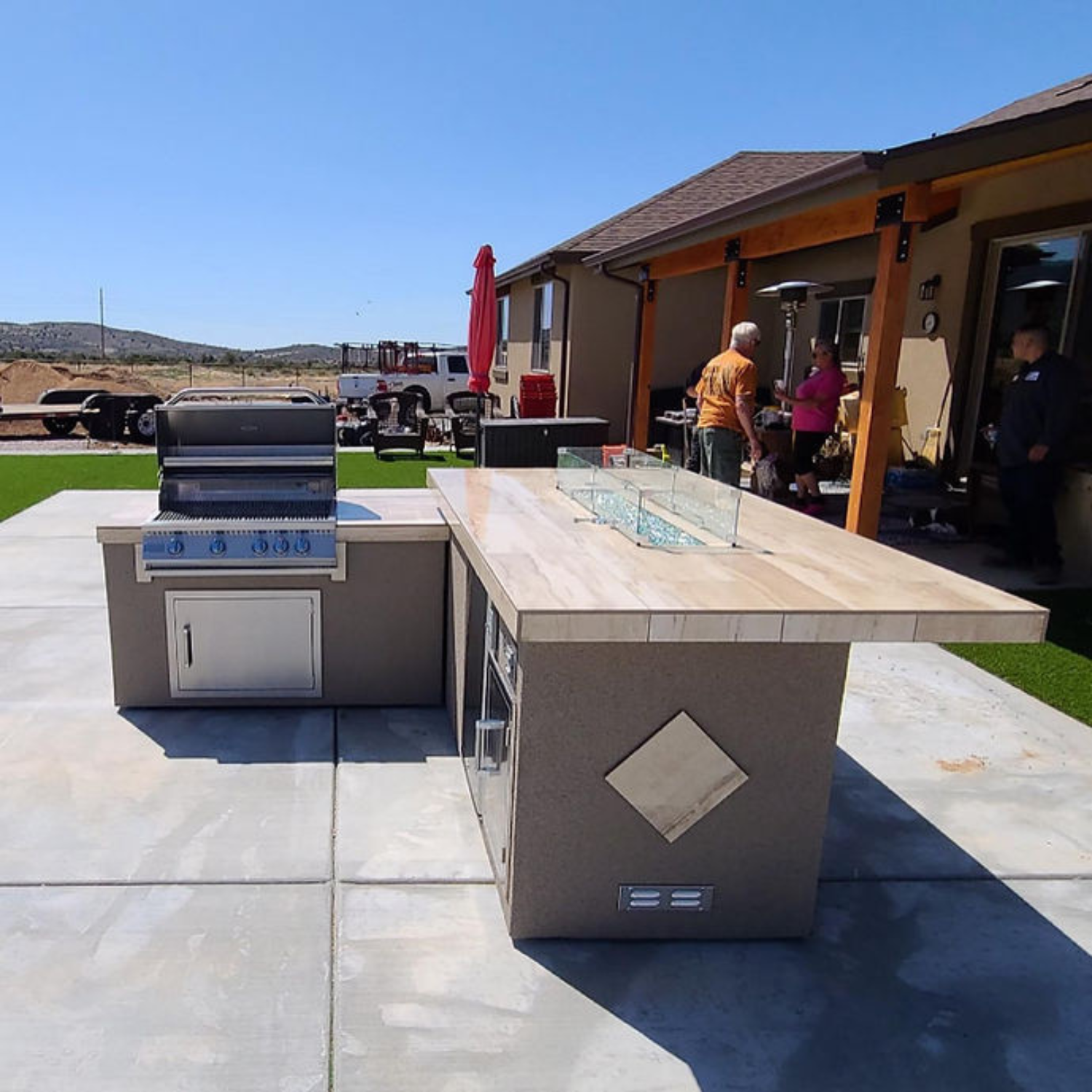 Baja/Fire L-Shaped BBQ Island with Fire-pit, 4 Burner BBQ, Outdoor Refrigerator - Thumbnail 2