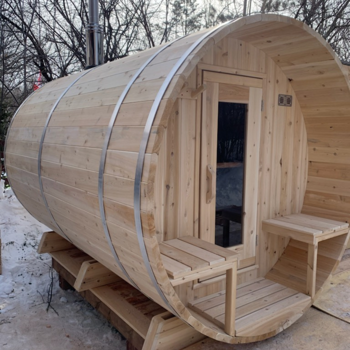 CT Serenity Barrel Sauna: Canadian Timber Collection, Handcrafted Eastern White Cedar, 5mm Bronze Tempered Glass Door with Wooden Frame, Easy Installation.