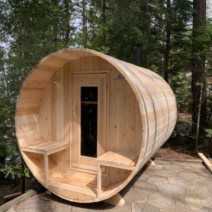 CT Serenity Barrel Sauna: Canadian Timber Collection, Handcrafted Eastern White Cedar, 5mm Bronze Tempered Glass Door with Wooden Frame, Easy Installation.