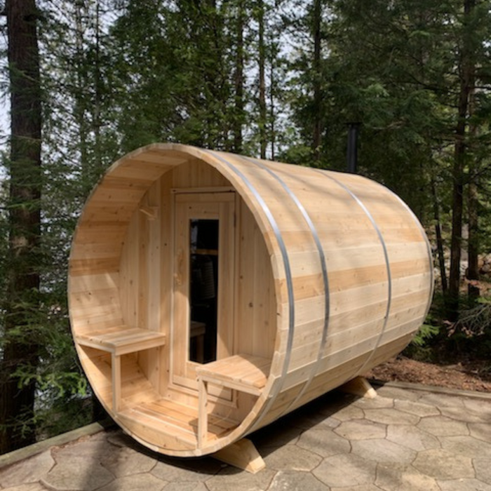 CT Serenity Barrel Sauna: Canadian Timber Collection, Handcrafted Eastern White Cedar, 5mm Bronze Tempered Glass Door with Wooden Frame, Easy Installation.