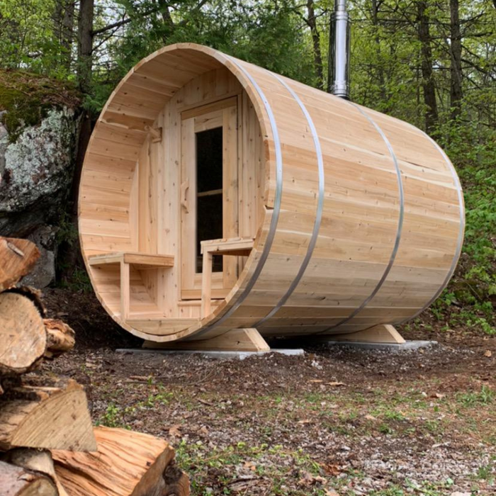 CT Serenity Barrel Sauna: Canadian Timber Collection, Handcrafted Eastern White Cedar, 5mm Bronze Tempered Glass Door with Wooden Frame, Easy Installation.