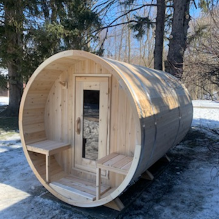 CT Serenity Barrel Sauna: Canadian Timber Collection, Handcrafted Eastern White Cedar, 5mm Bronze Tempered Glass Door with Wooden Frame, Easy Installation.