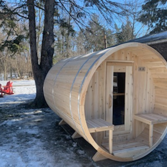 CT Serenity Barrel Sauna: Canadian Timber Collection, Handcrafted Eastern White Cedar, 5mm Bronze Tempered Glass Door with Wooden Frame, Easy Installation.