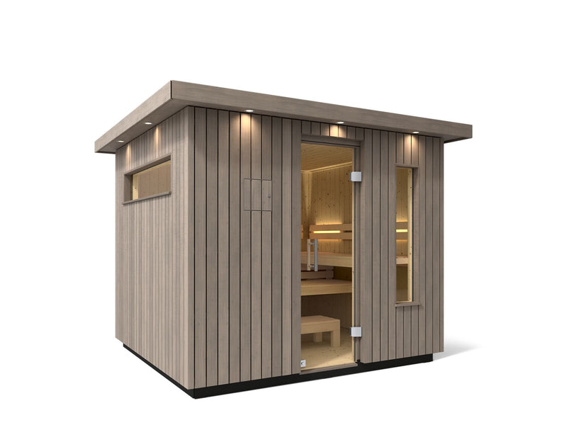 Kohler C2 Outdoor Traditional Sauna — Weathered Grey Spruce / Spruce