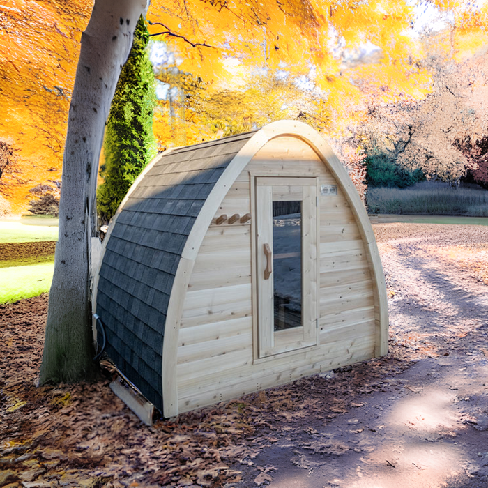 CT MiniPOD Sauna: 7x7, Handcrafted in Canada, 1.5" Eastern White Cedar, Seating for 4, Tempered Glass Door, Asphalt Shingles, Wood Burning or Electric Heater Options.