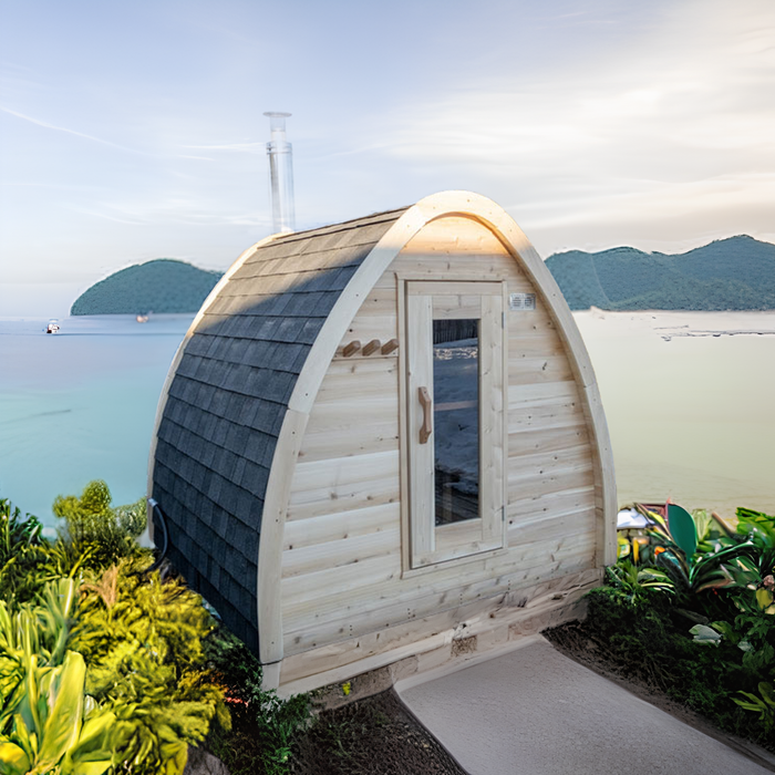 CT MiniPOD Sauna: 7x7, Handcrafted in Canada, 1.5" Eastern White Cedar, Seating for 4, Tempered Glass Door, Asphalt Shingles, Wood Burning or Electric Heater Options.